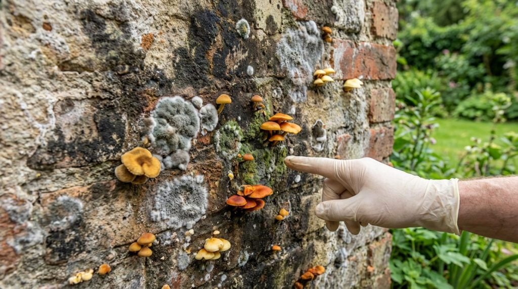 Main gantée pointant divers champignons (oranges, gris) et moisissures sur un mur extérieur en pierre ou brique dégradé.