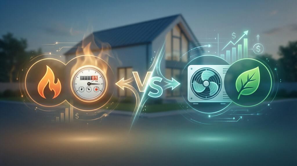 Illustration d'une comparaison entre chauffage au gaz (flamme, compteur) et pompe à chaleur (unité, feuille) devant une maison moderne.