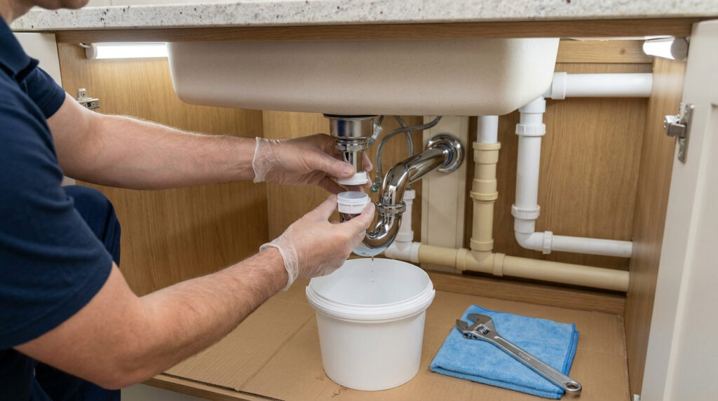 Un homme ganté démonte un siphon chromé sous un évier de cuisine, un seau blanc recueillant les gouttes d'eau.