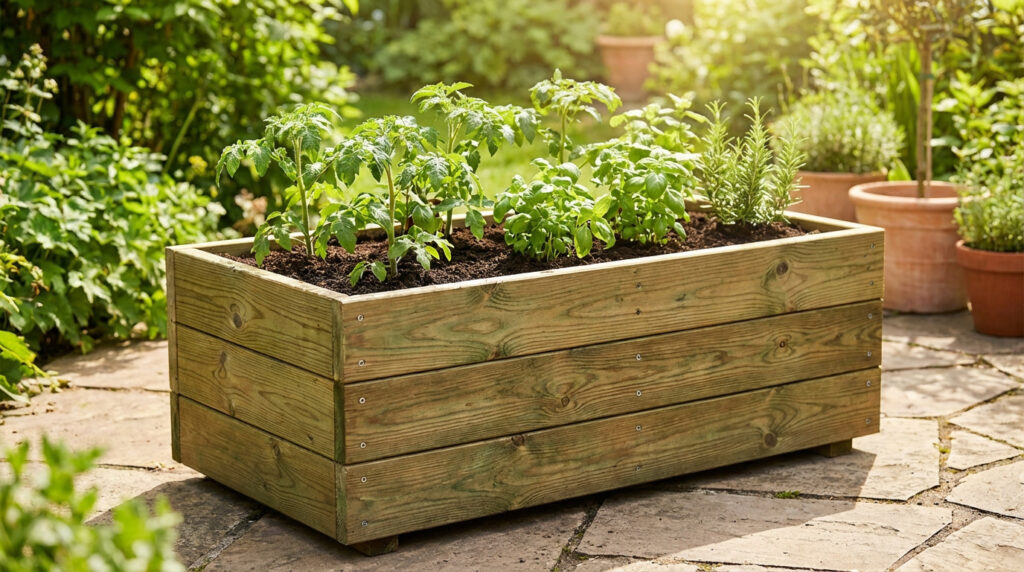 Jardinière rectangulaire en bois autoclave sur une terrasse en pierre, contenant des plants de tomates, basilic et romarin sous un soleil radieux.