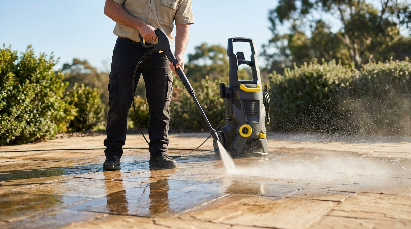 Un homme en tenue de travail nettoie une terrasse en pierre avec un nettoyeur haute pression. Le jet d'eau puissant enlève la saleté, laissant le sol propre et mouillé.