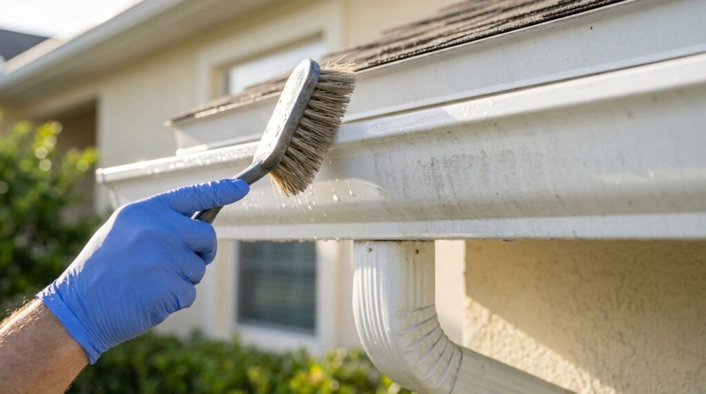 Gros plan sur une main gantée de bleu utilisant une brosse pour nettoyer l'extérieur d'une gouttière blanche de maison.