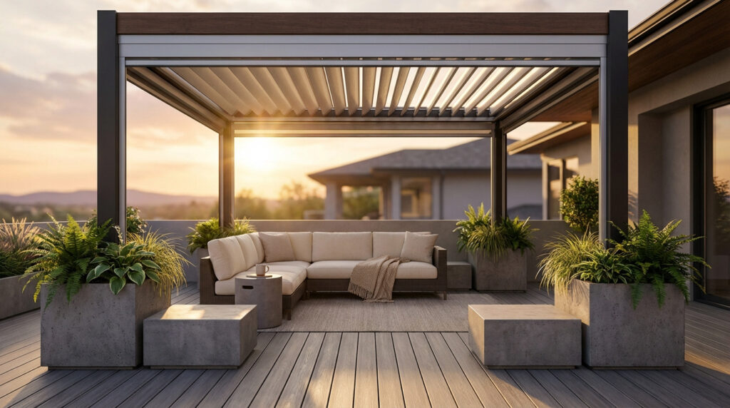 Vue d'une terrasse avec pergola bioclimatique, mobilier d'extérieur beige, jardinières et verdure, baignée par la lumière du soleil couchant.