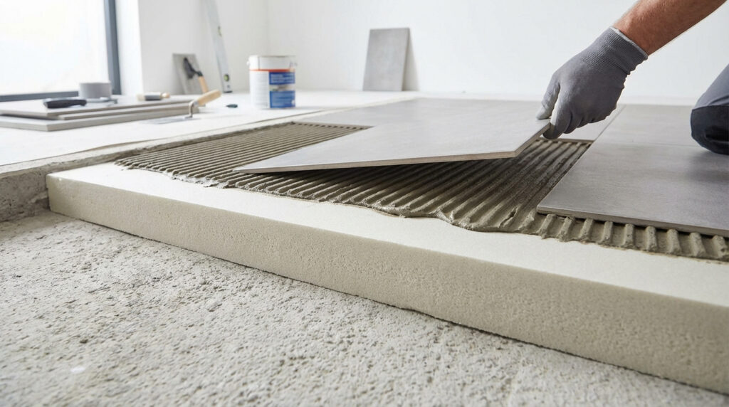 Photo d'un ouvrier posant du carrelage gris sur une couche d'isolant thermique et de mortier-colle strié. Gros plan sur le processus.