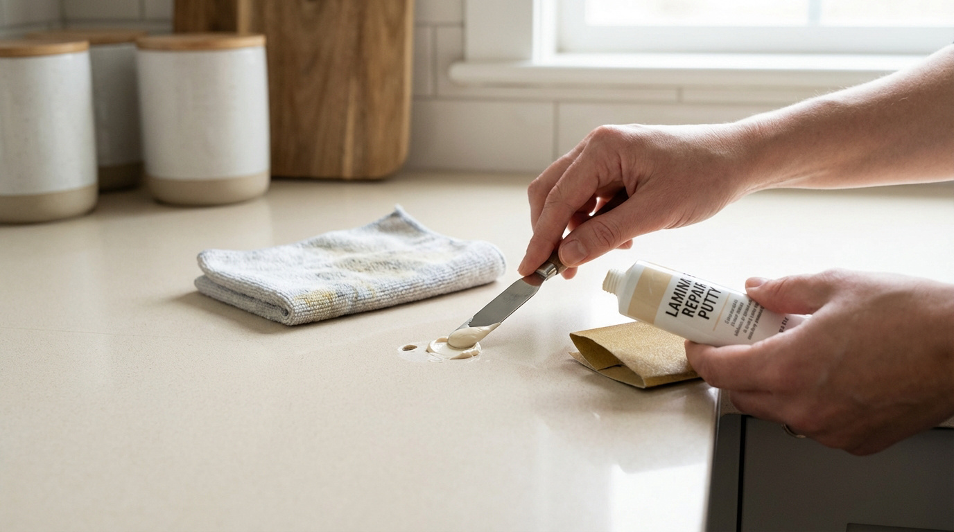 Mains appliquant du mastic de réparation pour stratifié sur un plan de travail de cuisine, à côté d'un chiffon et d'une ponceuse.