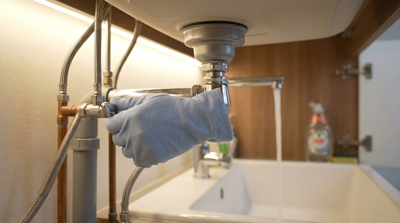 Une main gantée ajuste une vanne sous un évier, près de tuyaux tressés et en cuivre, tandis que l'eau coule dans le lavabo.