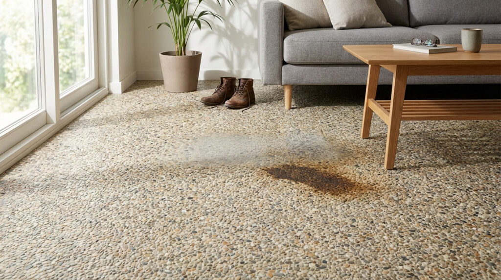Salon moderne avec sol en moquette de pierre. Des taches d'eau et de boue foncée sont visibles près de bottes marron et un canapé gris.