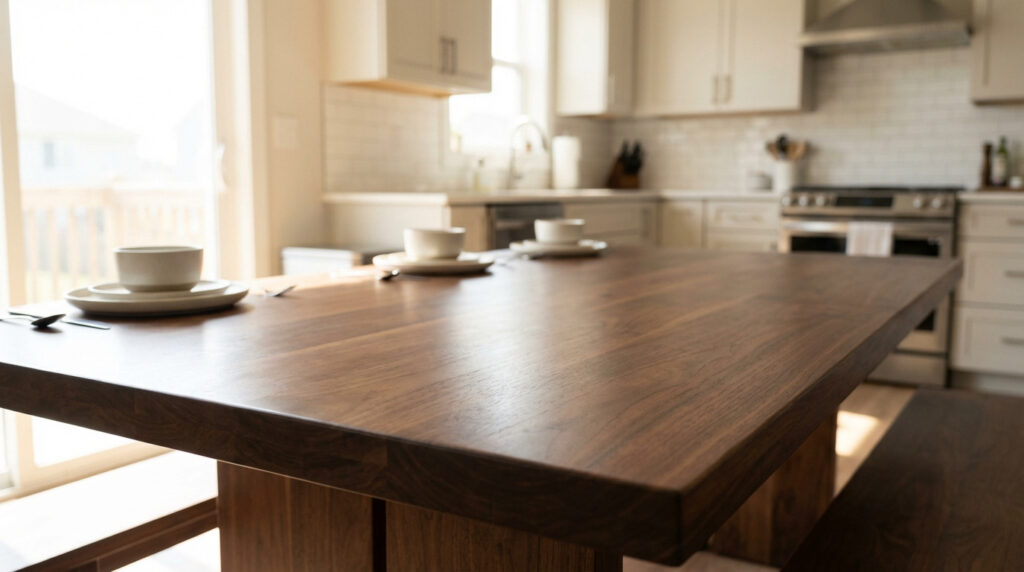 Grande table de cuisine moderne en bois foncé, dressée avec des bols et assiettes clairs, dans une cuisine lumineuse.