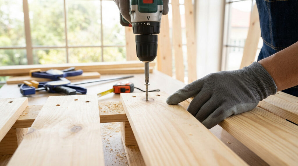 Personne en gants utilisant une visseuse pour fixer une planche de bois sur une palette. Outils de bricolage en arrière-plan.