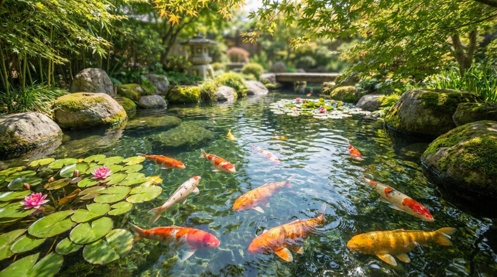 Plusieurs carpes Koï colorées nagent dans un bassin limpide d'un jardin japonais, entourées de nénuphars roses et de verdure luxuriante.