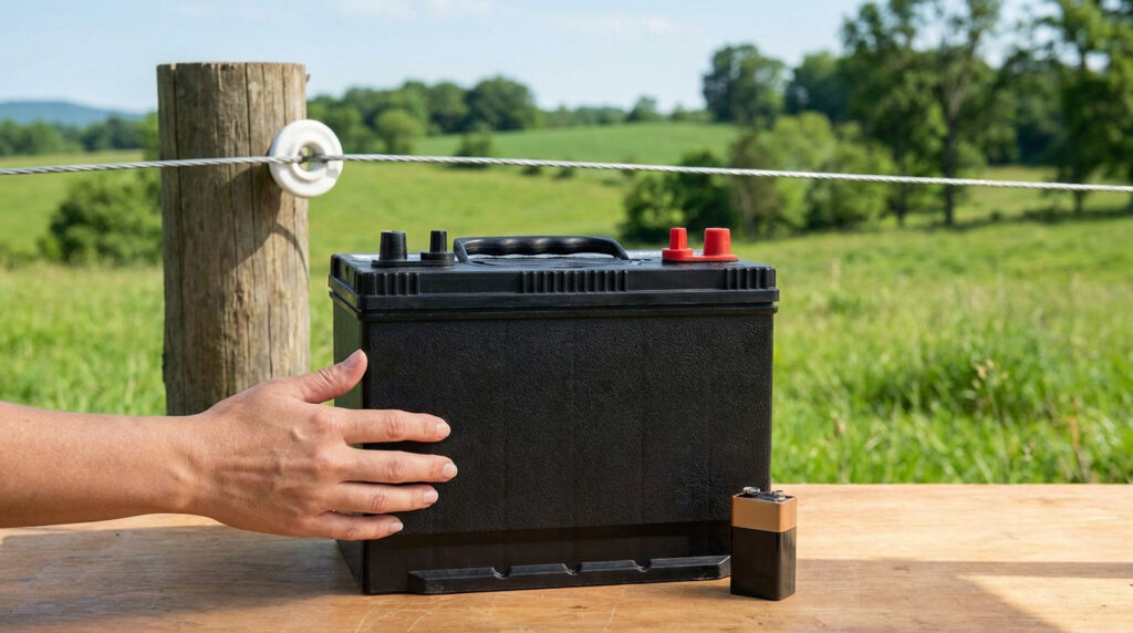Grosse batterie noire et petite batterie 9V sur une table en bois, main, près d'une clôture électrique en milieu rural verdoyant.