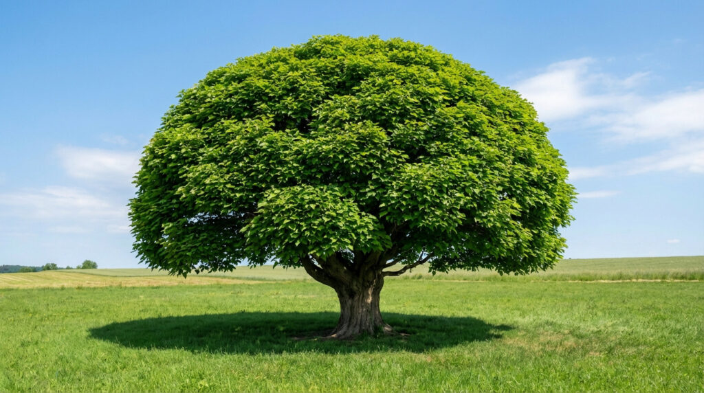 Un catalpa boule adulte avec une couronne sphérique de feuilles vertes vives, se dressant dans un champ sous un ciel bleu clair.