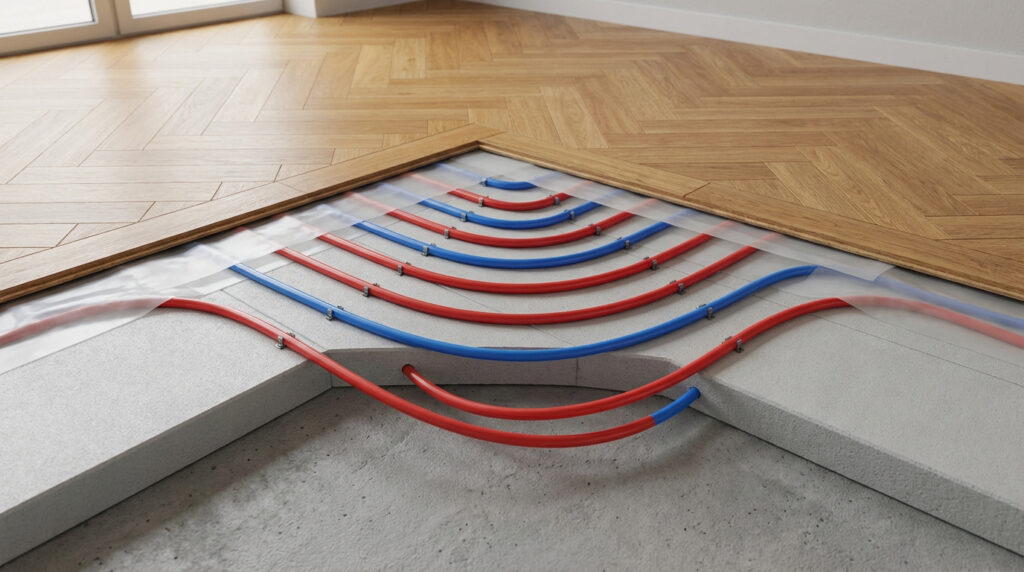 Installation de chauffage par le sol : tuyaux bleus et rouges sur isolant sous un parquet en chevrons.