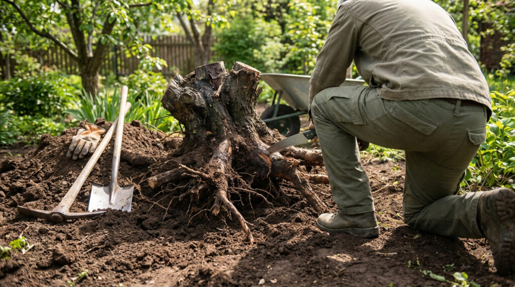 Personne agenouillée coupant les racines d'une souche d'arbre avec une scie manuelle. Outils de jardinage autour.
