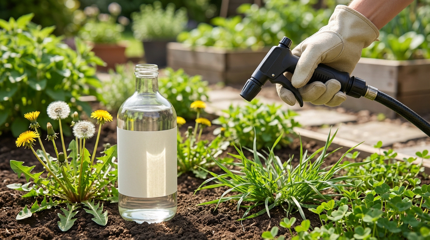 Bouteille de vinaigre blanc, pissenlits et main gantée avec pulvérisateur dans un jardin ensoleillé.