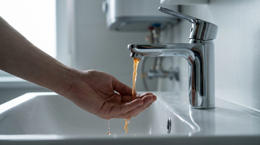 Main sous un robinet moderne duquel s'écoule de l'eau rouillée et sale dans un lavabo blanc, indiquant un problème de qualité d'eau.