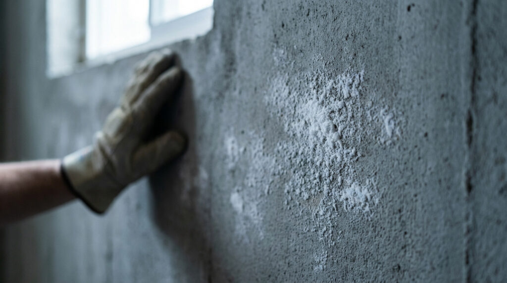 Main gantée touchant un mur de béton gris couvert d'efflorescence blanche et poudreuse, près d'une fenêtre de sous-sol.