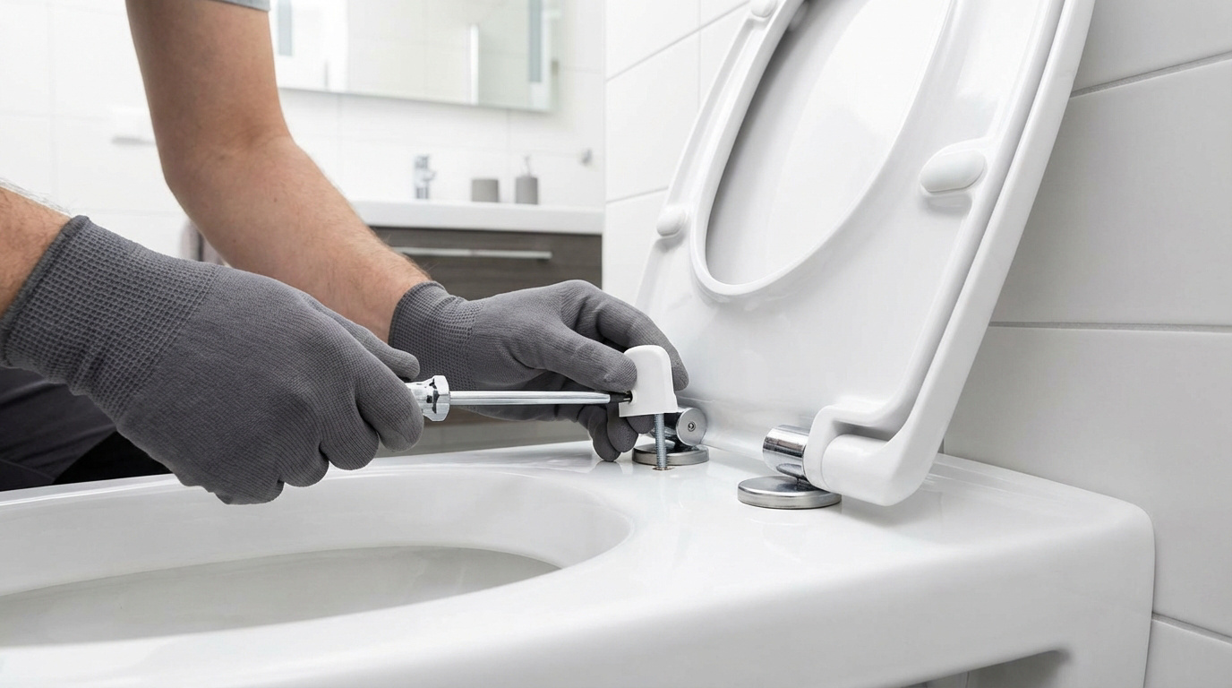 Vue rapprochée d'une personne gantée installant un abattant WC blanc à l'aide d'un tournevis et d'un kit de fixation par le haut.