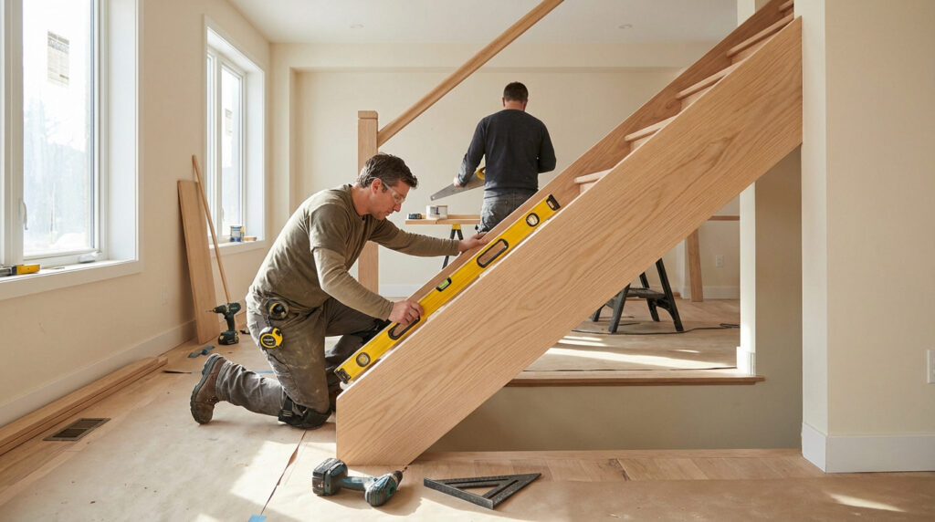 Deux artisans installent un escalier droit en bois clair. L'un vérifie le niveau d'une volée, l'autre travaille à l'arrière-plan.