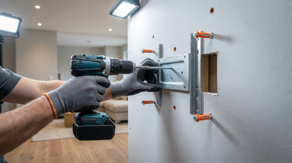 Personne visse un support métallique sur mur placo avec perceuse. Chevilles et renfort bois visible. Fixation charge lourde sécurisée.