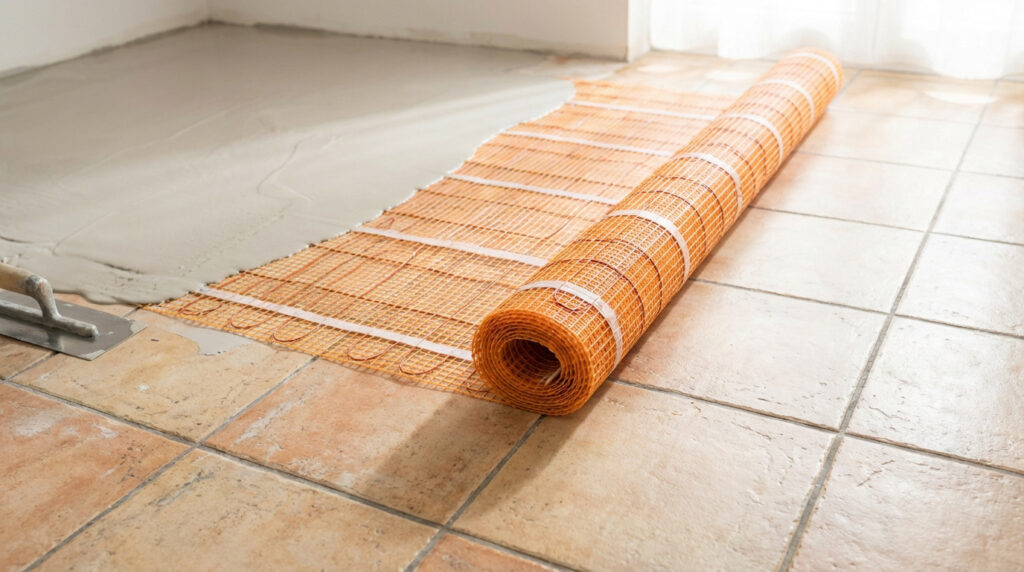 Tapis de chauffage électrique au sol déroulé sur carrelage existant, partiellement recouvert de mortier de ragréage. Truelle visible.