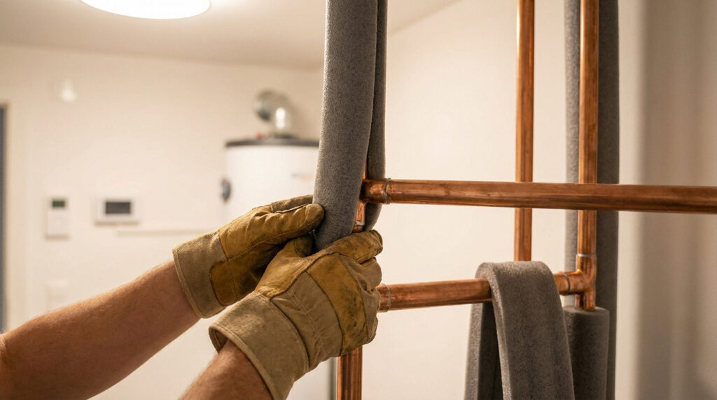 Mains gantées appliquant de l'isolation grise sur des tuyaux en cuivre de chauffage. Chauffe-eau en arrière-plan.