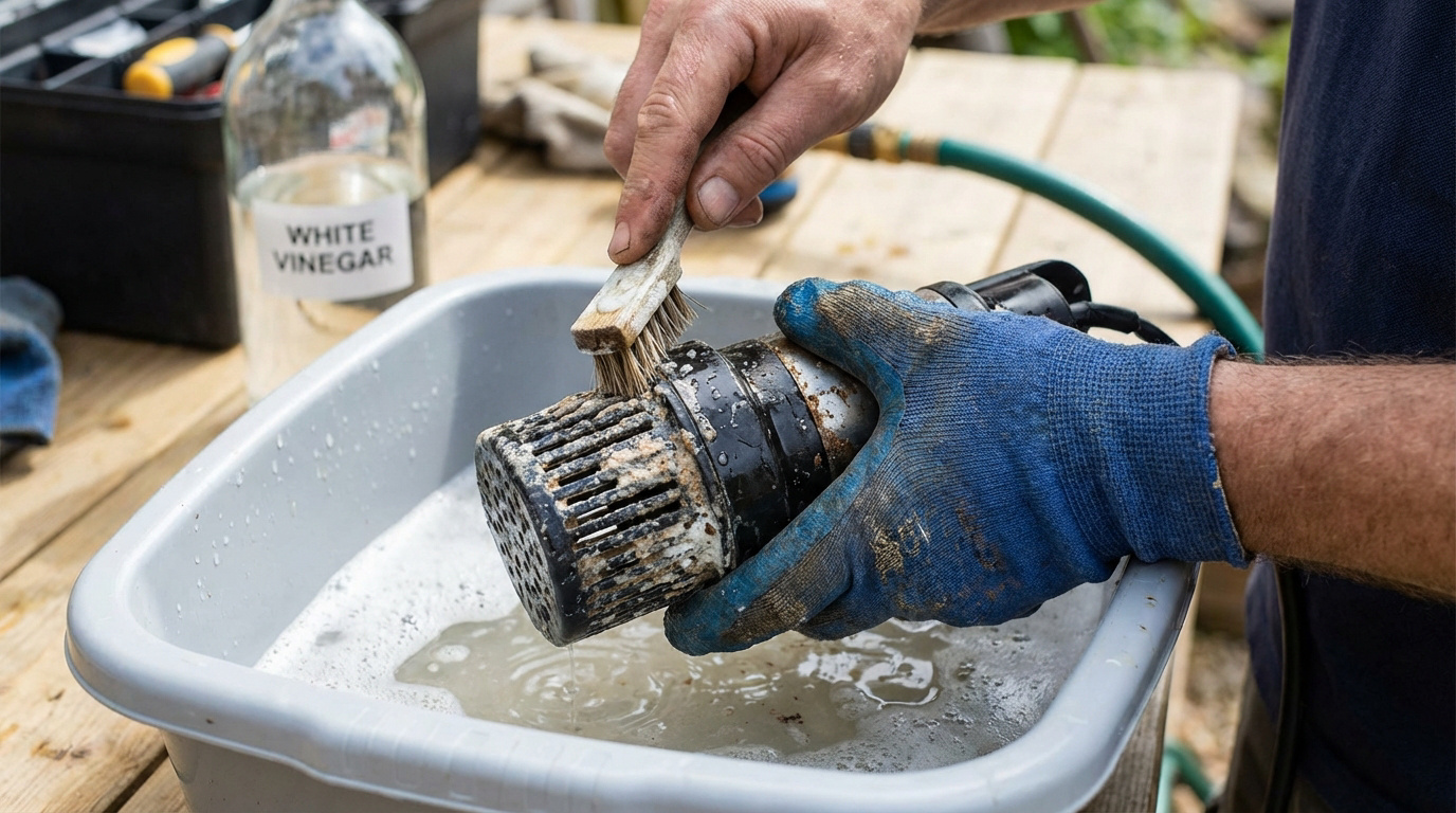 Gros plan sur des mains gantées nettoyant une crépine de pompe immergée sale avec une brosse et du vinaigre blanc dans une bassine.