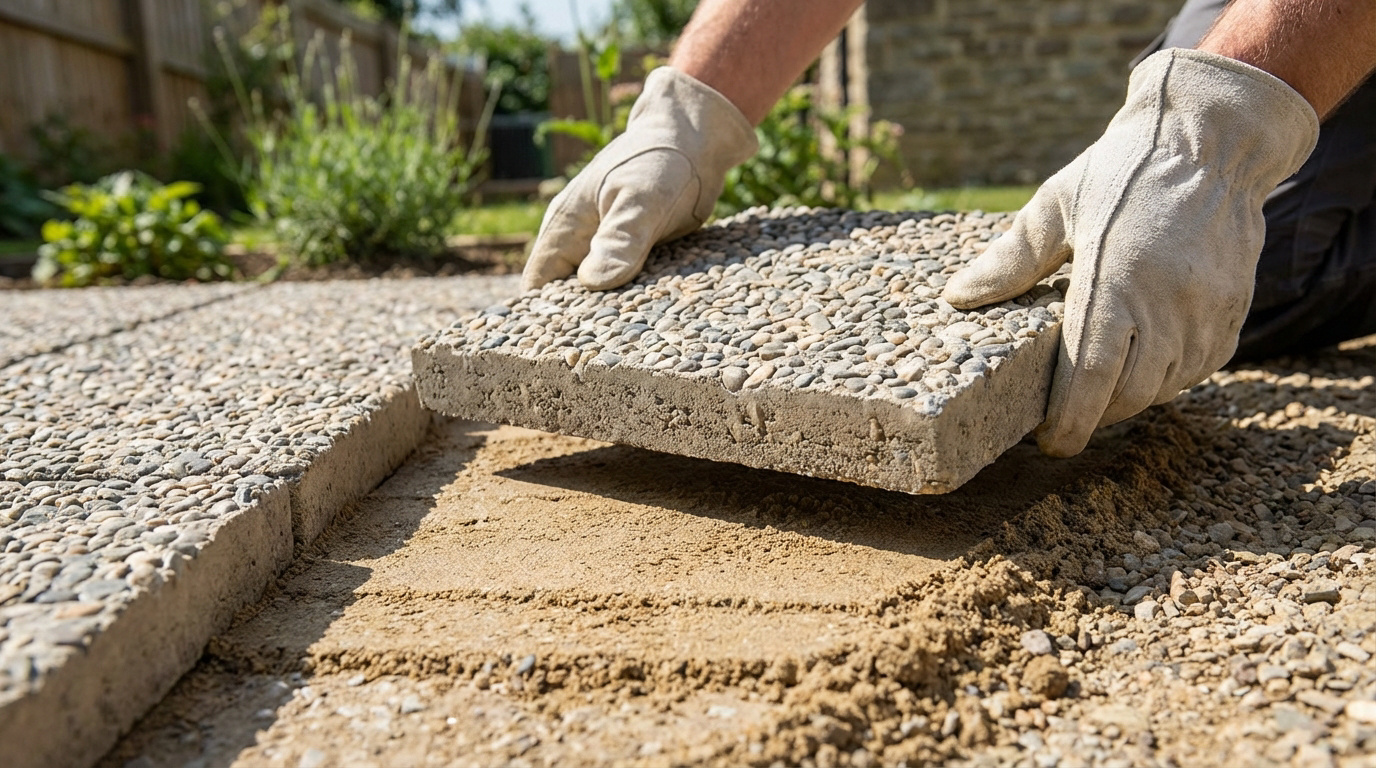 Une personne gantée pose une dalle gravillonnée sur un lit de sable pour aménager une allée dans un jardin.