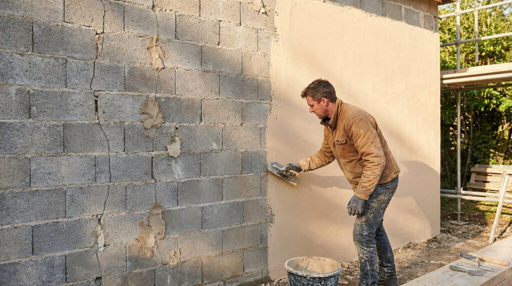 Un homme applique de l'enduit sur un mur extérieur en parpaing brut et fissuré, avec une partie déjà enduite.