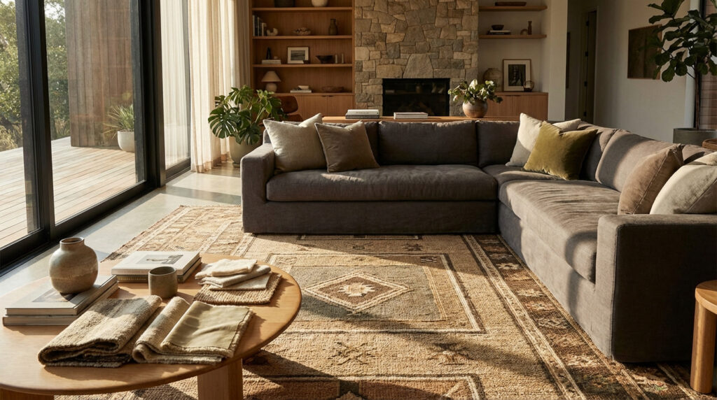 Salon contemporain et lumineux avec grand canapé d'angle gris, tapis texturé à motifs ethniques, table basse et baies vitrées.