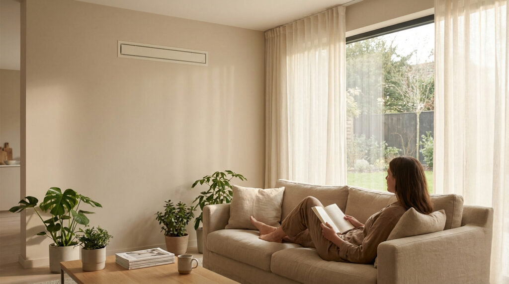 Femme lisant sur un canapé beige, face à une fenêtre donnant sur un jardin. Un système VMC discret est visible au mur.