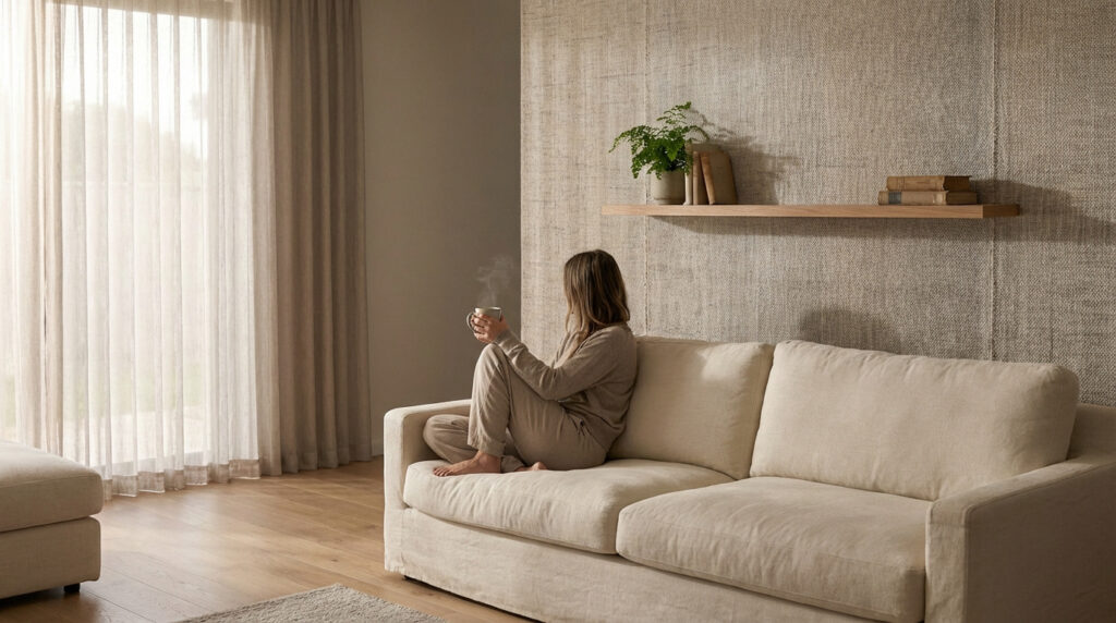 Femme en tenue décontractée sur un canapé clair, tenant une tasse fumante, face à une fenêtre voilée. Mur texturé.