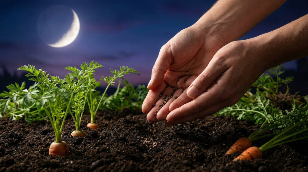 Mains semant des graines dans un sol riche, avec de jeunes pousses de carottes. Une lune en croissant brille dans le ciel nocturne.
