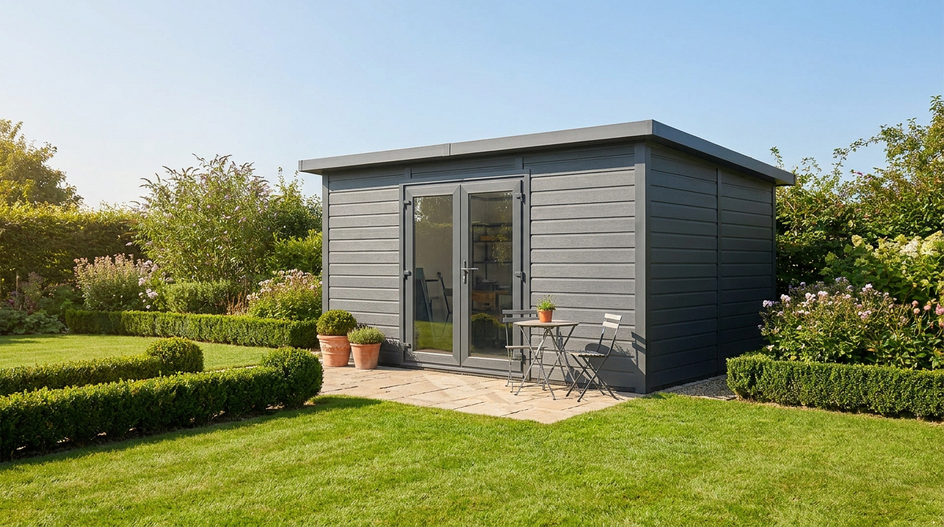 Abri de jardin gris anthracite, toit plat, doubles portes vitrées. Devant, petite terrasse avec table et chaises. Environnement de jardin soigné.
