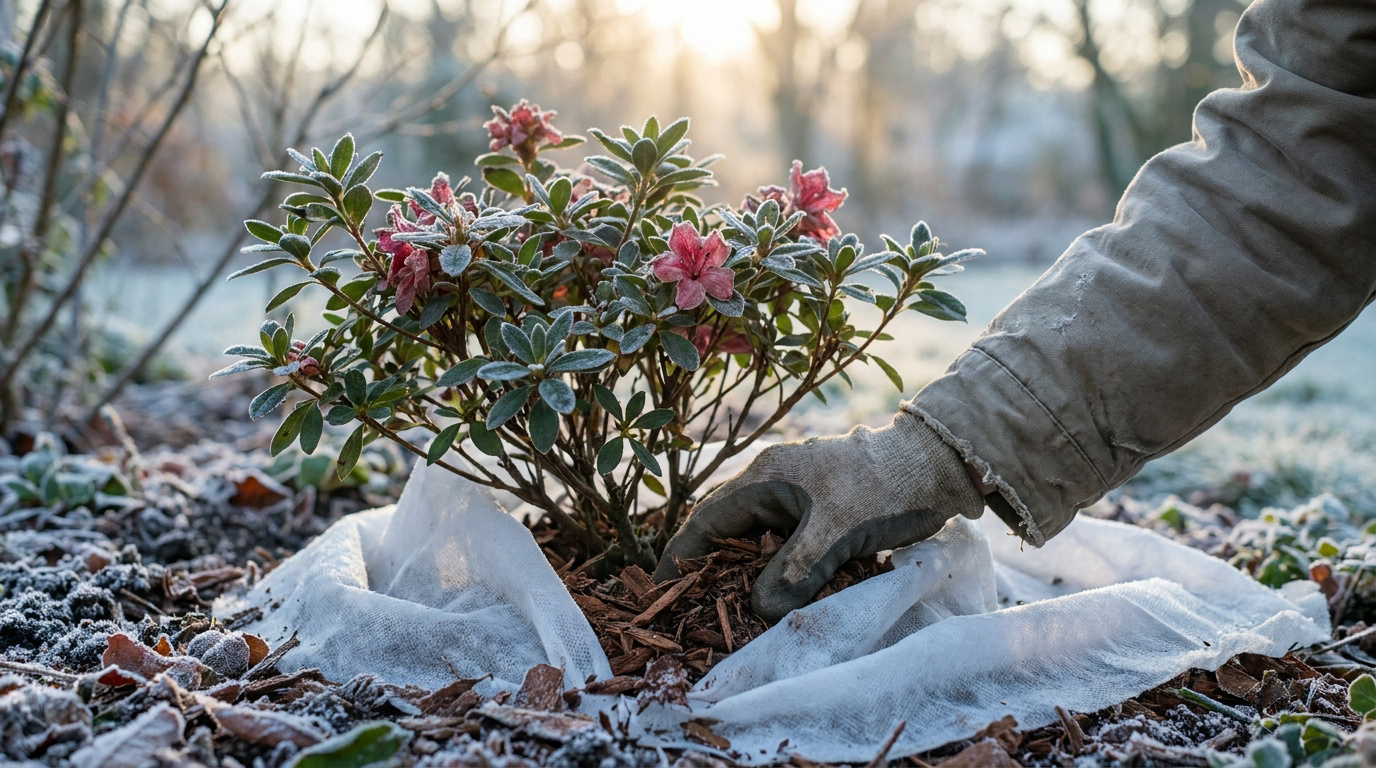 Main gantée ajoutant du paillis à la base d'un rhododendron rose couvert de givre, protégé par un voile d'hivernage.
