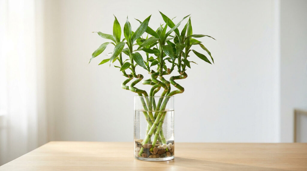 Vase cylindrique en verre avec plusieurs tiges spiralées de bambou de la chance, des galets et de l'eau, sur une table en bois clair.