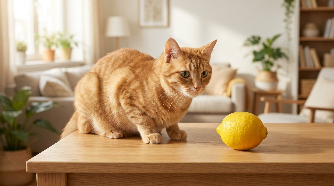 Chat roux curieux d'un citron sur une table, illustrant les dangers potentiels des agrumes pour les félins.