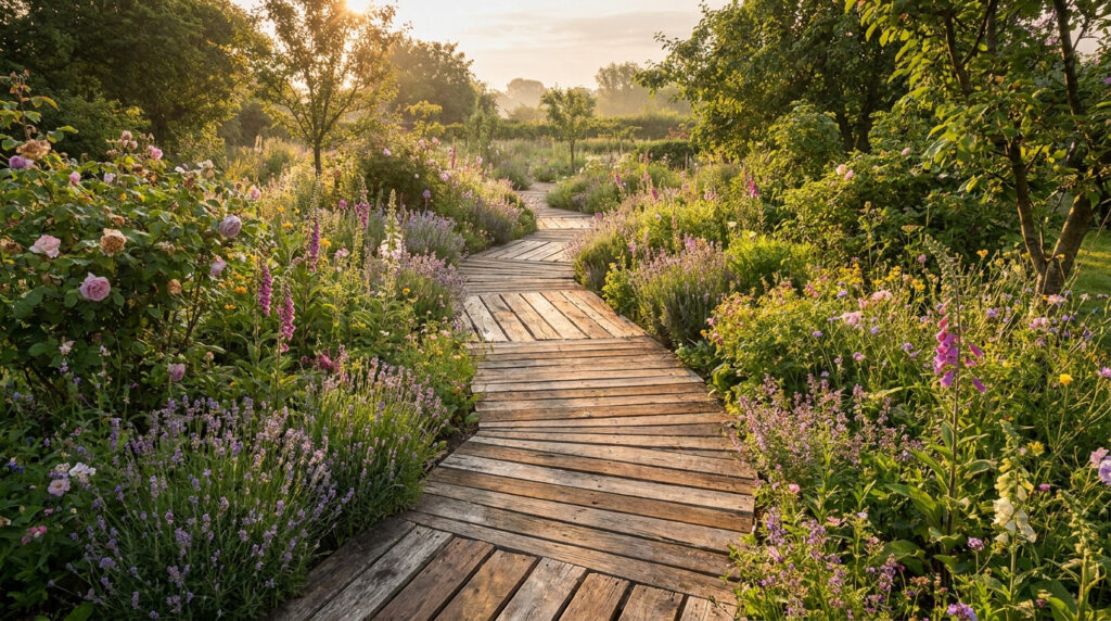 Allée sinueuse en bois clair bordée de lavande, roses et autres fleurs sous un soleil doux, traversant un jardin luxuriant.