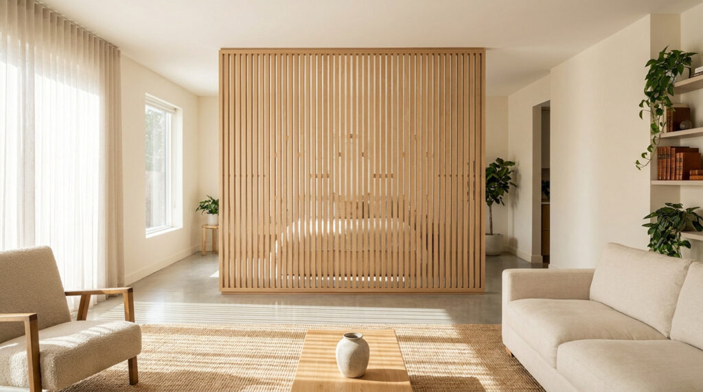 Vue d'un intérieur lumineux avec un grand claustra en bois clair séparant un salon d'une chambre. Mobilier neutre, plantes et lumière naturelle.