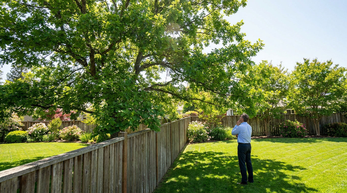 Homme dans un jardin ensoleillé, observant les branches d'un grand arbre du voisin dépassant une clôture en bois.