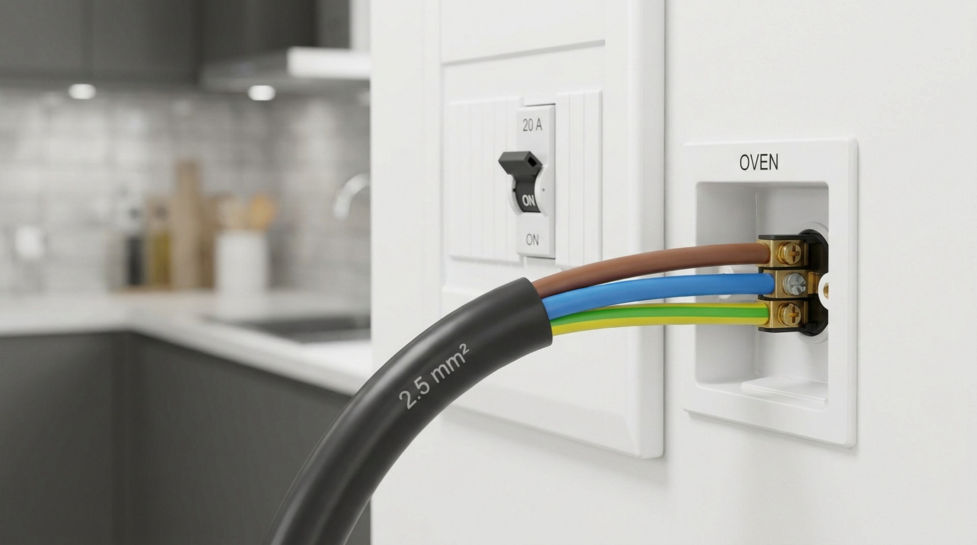 Gros plan sur un câble électrique de 2.5 mm² raccordé à une prise murale "OVEN", avec un disjoncteur 20 A en arrière-plan.