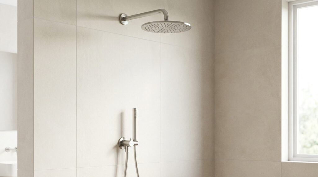 Douche moderne avec pommeau de douche mural et douchette, installés sur un mur carrelé clair près d'une fenêtre.