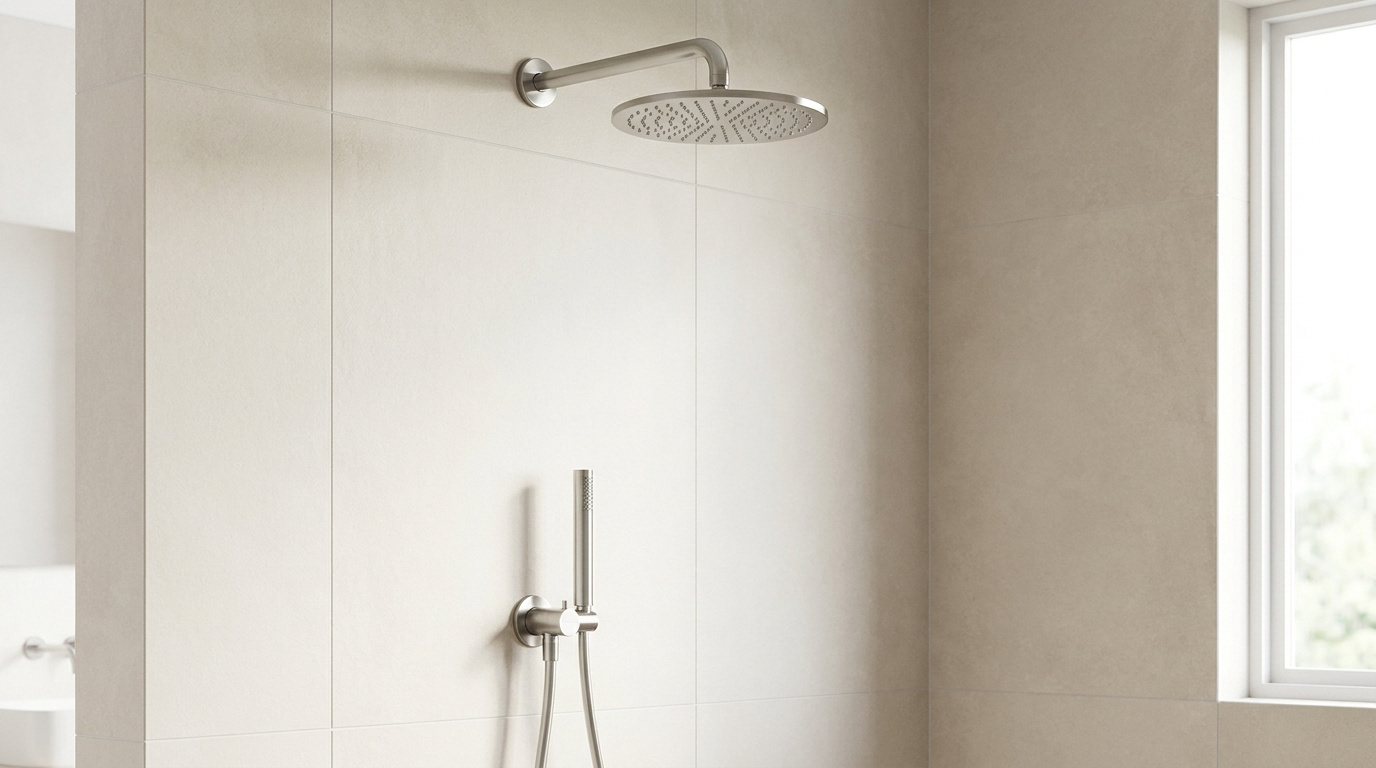 Douche moderne avec pommeau de douche mural et douchette, installés sur un mur carrelé clair près d'une fenêtre.