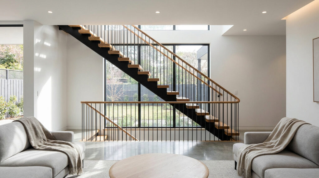 Escalier moderne noir et bois à marches flottantes, balustrade noire et rampe bois dans salon lumineux. Grandes fenêtres sur jardin.
