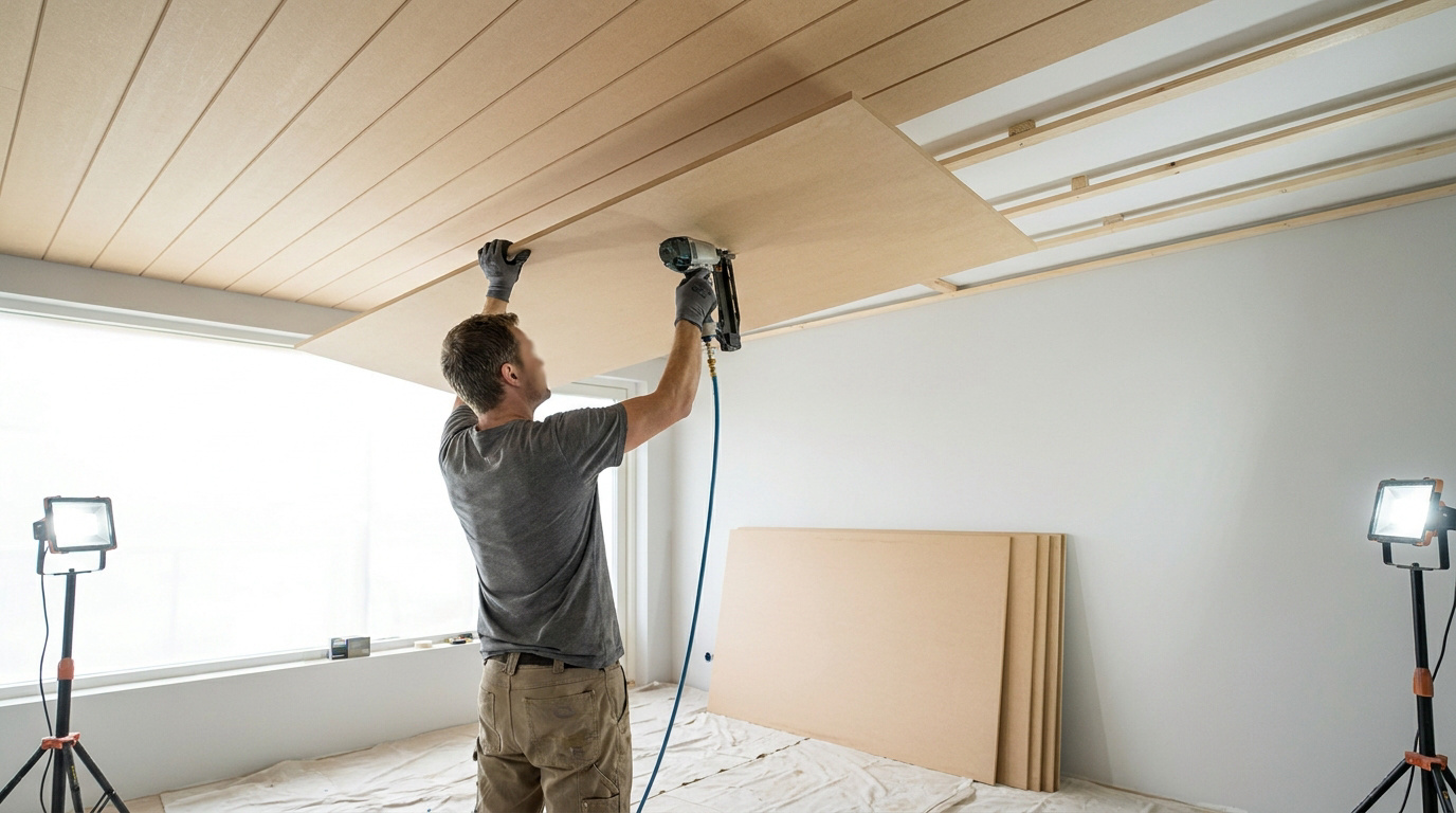 Un homme fixe des panneaux de lambris MDF au plafond avec une cloueuse pneumatique. Le plafond est en cours d'installation.