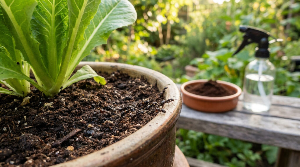 Gros plan sur un pot de salade avec des fourmis. À côté, marc de café et vaporisateur sur une table en bois pour un traitement naturel.