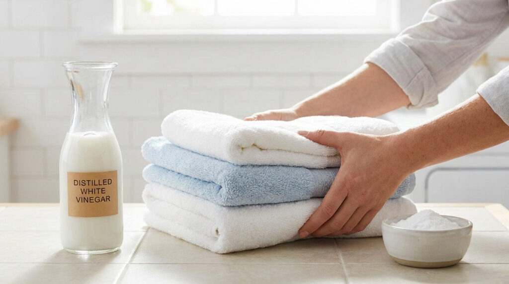 Une bouteille de vinaigre blanc, un bol de bicarbonate de soude et une pile de serviettes propres. Des mains ajustent le linge.