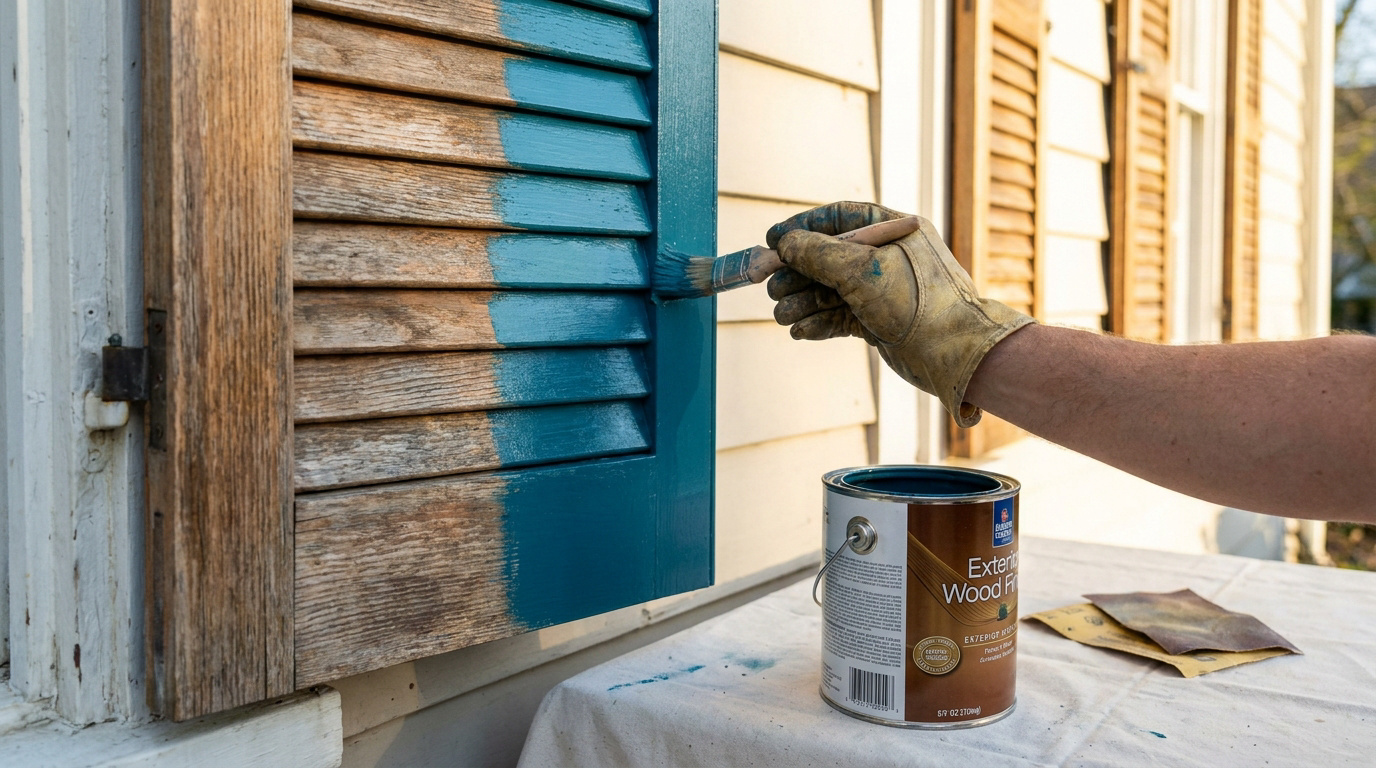 Main gantée peignant un volet en bois brut en bleu sarcelle. Un pot de peinture "Exterior Wood Finish" et du papier de verre sur une toile.