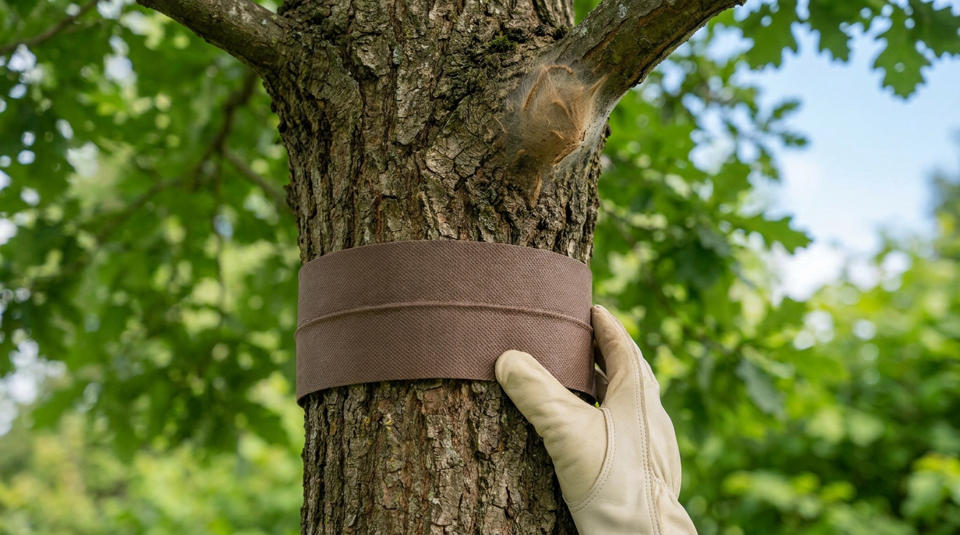 Main gantée posant un collier brun autour d'un tronc d'arbre, avec un nid de chenilles processionnaires visible au-dessus.