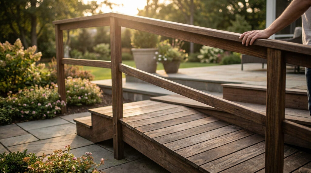 Main posée sur une rampe d'accès et des marches d'escalier en bois dans un jardin ensoleillé. Pose sécurisée.